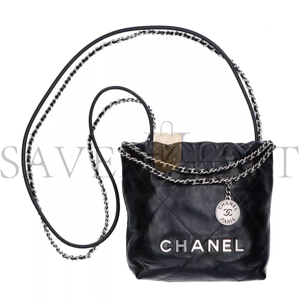 CHANEL MASTER BLACK QUILTED CALFSKIN MINI 22 BAG SILVER HARDWARE AS3980 (20*19*6cm)